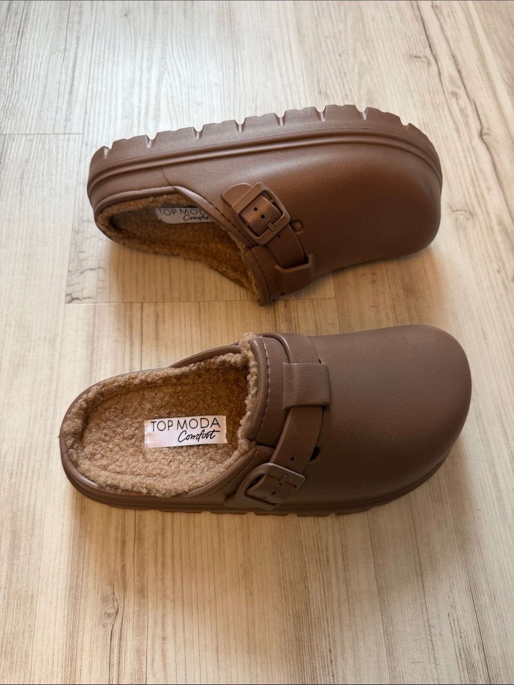 TOP Moda Womens Brown Slip-On Clogs with Buckle Strap